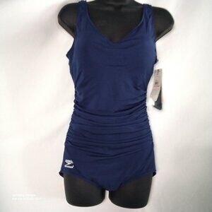 Navy Blue Speedo 1 Pc. Nautical Sport Swim Suit Removable Cups U-Back NWT Sz. 12